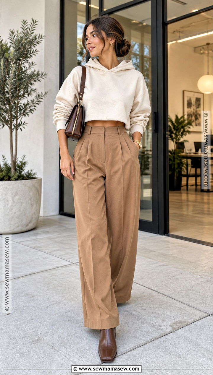 Cropped Hoodie With Wide Leg Trousers - 15 cozy fall hoodie fashion ideas