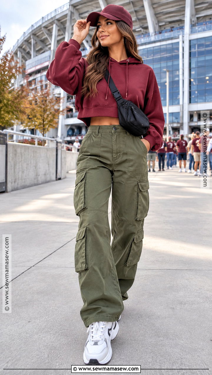 Cropped Hoodie and Cargo Pants Gameday Outfit - 20 fall gameday outfit ideas