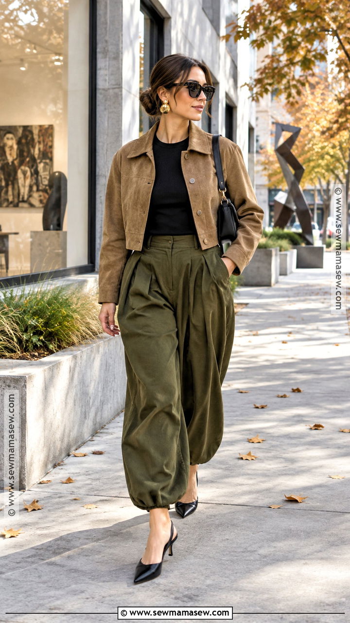 Cropped Jacket And Balloon Pants With Kitten Heels - 20 fall kitten heels outfit
