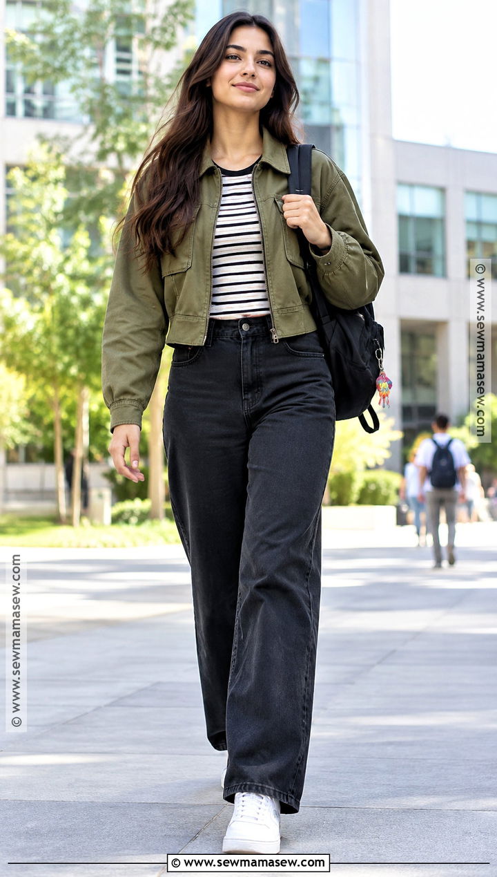 Cropped Jacket And Black Wide Leg Jeans Back To School Outfit - 15 hot back to school outfits