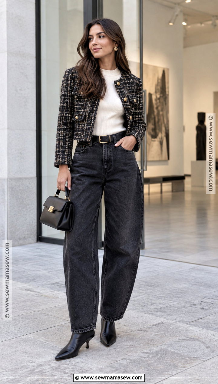 Cropped Jacket Barrel Jeans and Kitten Heel Boots - 20 Fall Boots Outfit Jeans