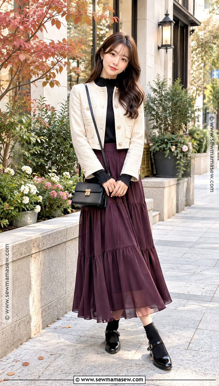 Cropped Jacket Maxi Skirt And Mary Jane Shoes - 20 Japan Outfit Fall Season Ideas