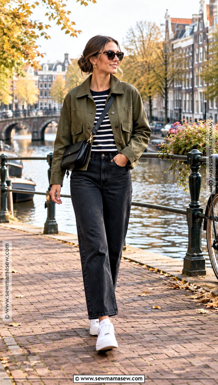 Cropped Jacket With Striped Top And Dark Jeans - 15 europe vacation outfits fall