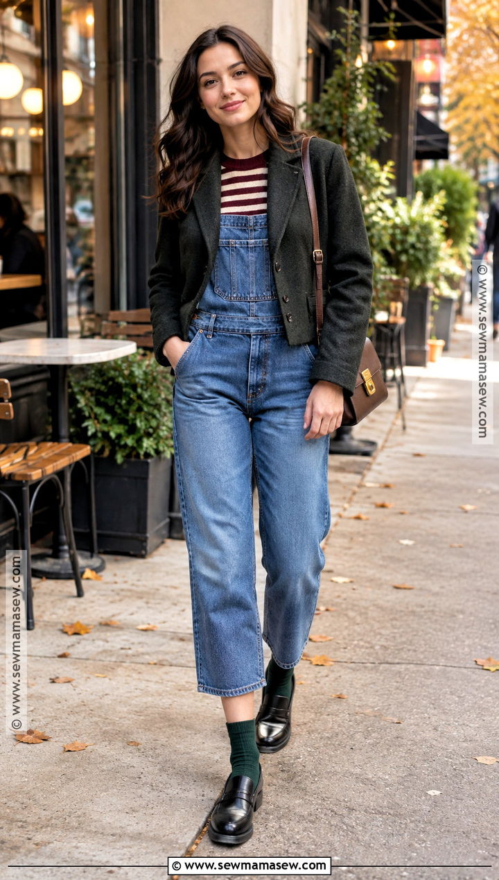 Cropped Jean Overall Outfit With Socks and Loafers - 20 jean overall outfits fall