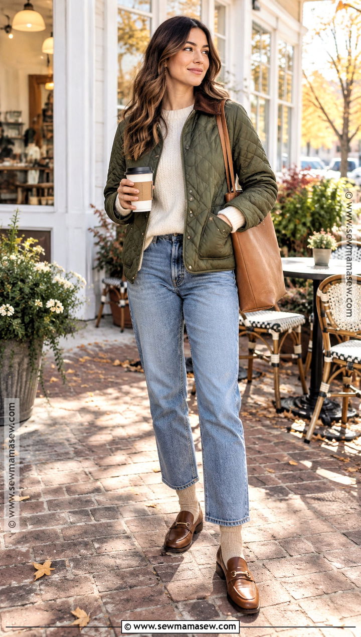 Cropped Jeans With Quilted Jacket And Loafers - 20 fall outfit with jeans