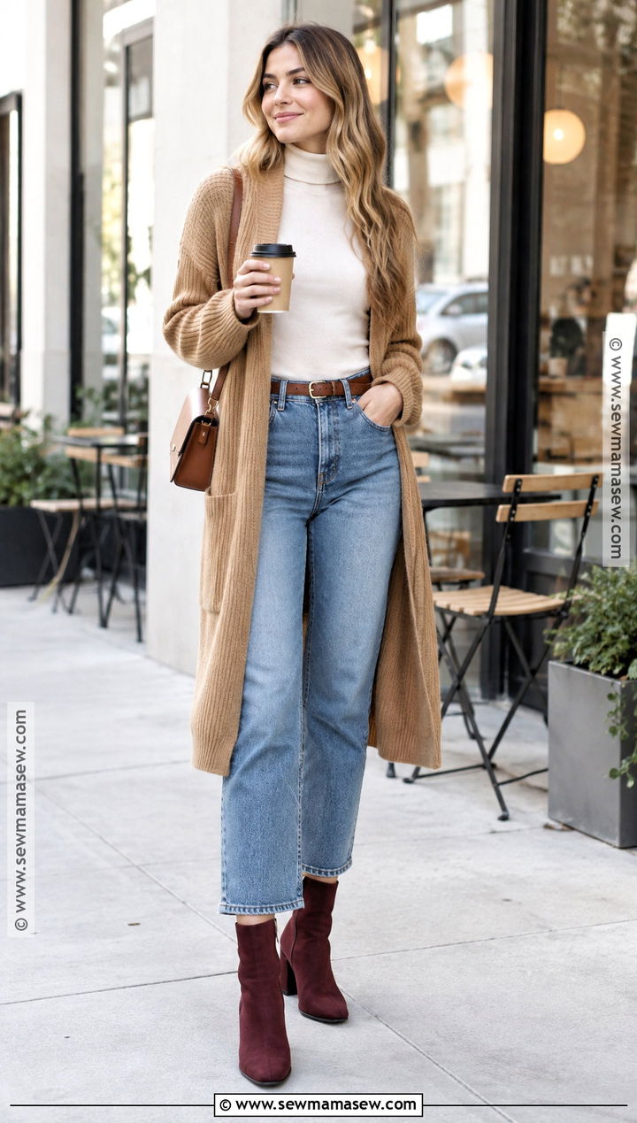 Cropped Jeans With Sock Boots and Long Cardigan - 15 fall jean outfits with boots
