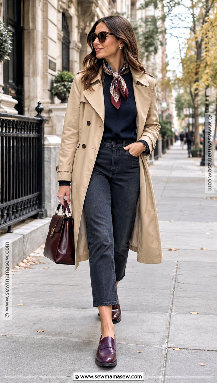 Cropped Jeans With Trench Coat - 15 Fall Business Casual Jean Outfits