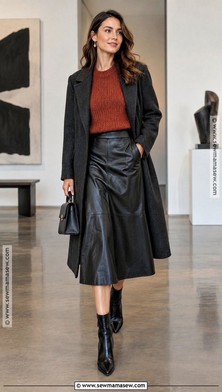 Cropped Knitted Sweater With Faux Leather Skirt And Boots - 15 knitted sweater fall fashion ideas