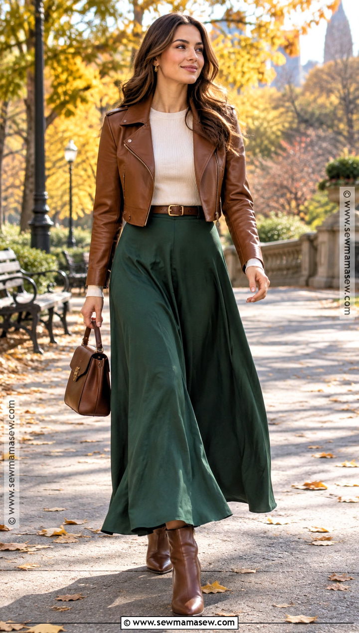 Cropped Leather Jacket With Maxi Skirt - 25 Fall Leather Jacket Outfit Ideas