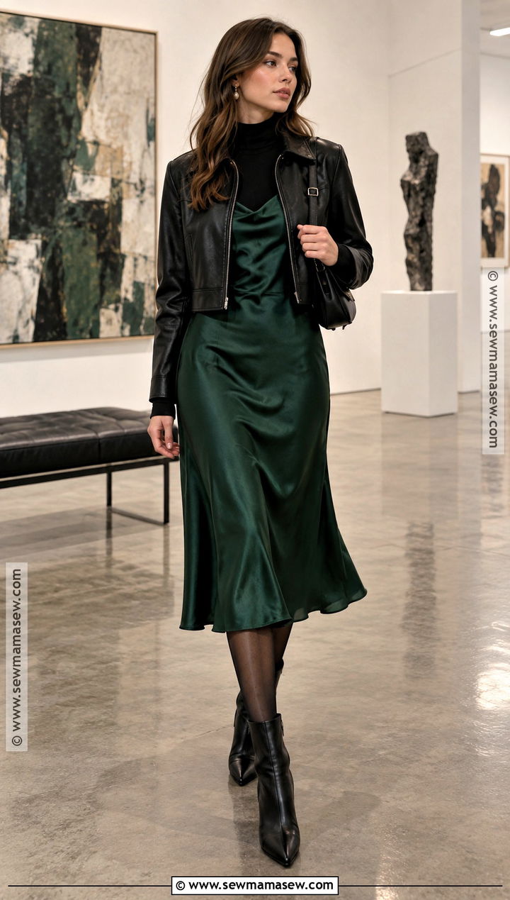 Cropped Leather Jacket With Satin Slip Dress - 15 leather jacket dress outfit fall ideas