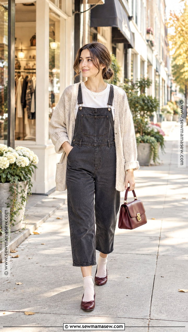 Cropped Overalls With Cardigan and Ballet Flats - 20 styling overalls fall