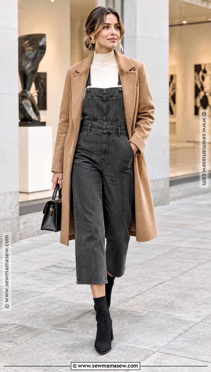 Cropped Overalls With Mock Neck Top And Sock Boots - 25 overalls outfit fall