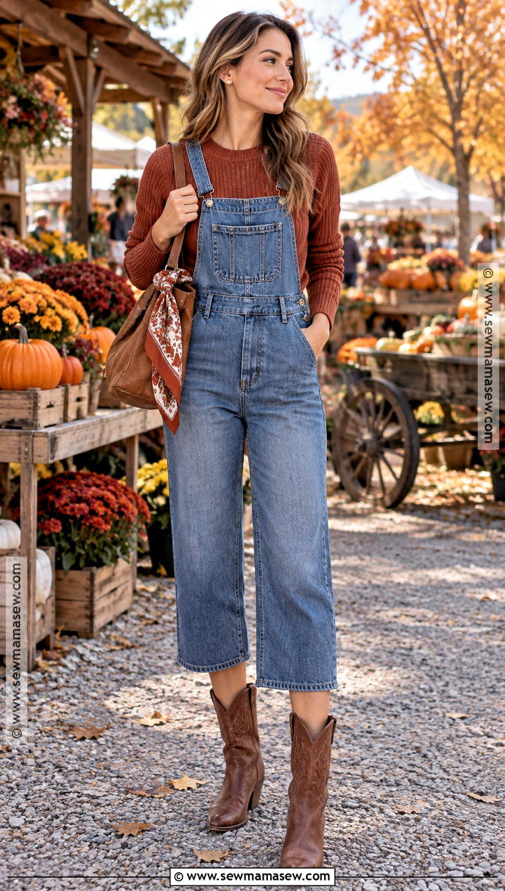 Cropped Overalls With Sweater and Western Boots - 15 Overalls Aesthetic Fall
