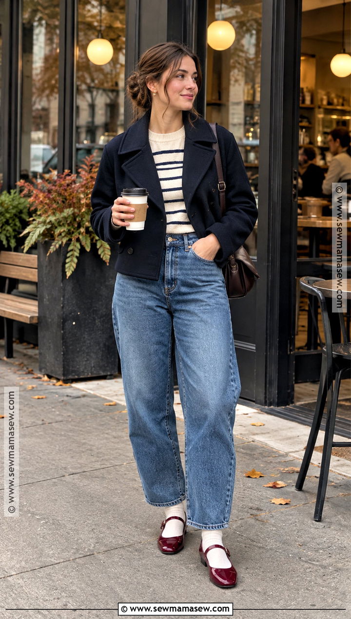 Cropped Pea Coat With Barrel Jeans And Mary Janes - 15 fall pea coat outfit ideas