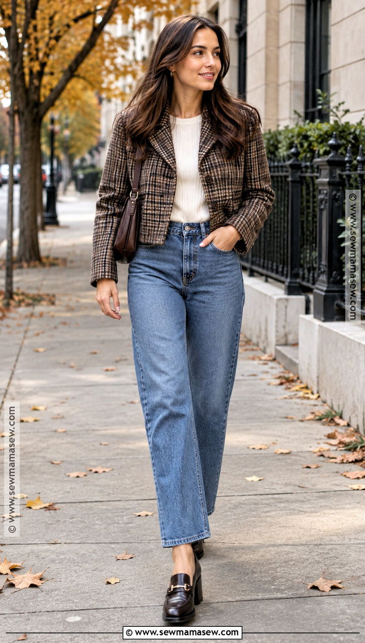 Cropped Plaid Coat With High Waisted Jeans - 15 plaid fall coat ideas