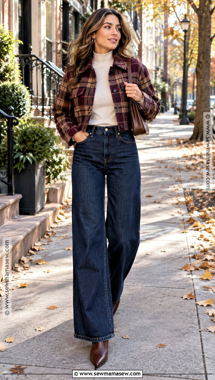 Cropped Plaid Jacket With Wide Leg Jeans - 15 fall plaid jackets for women