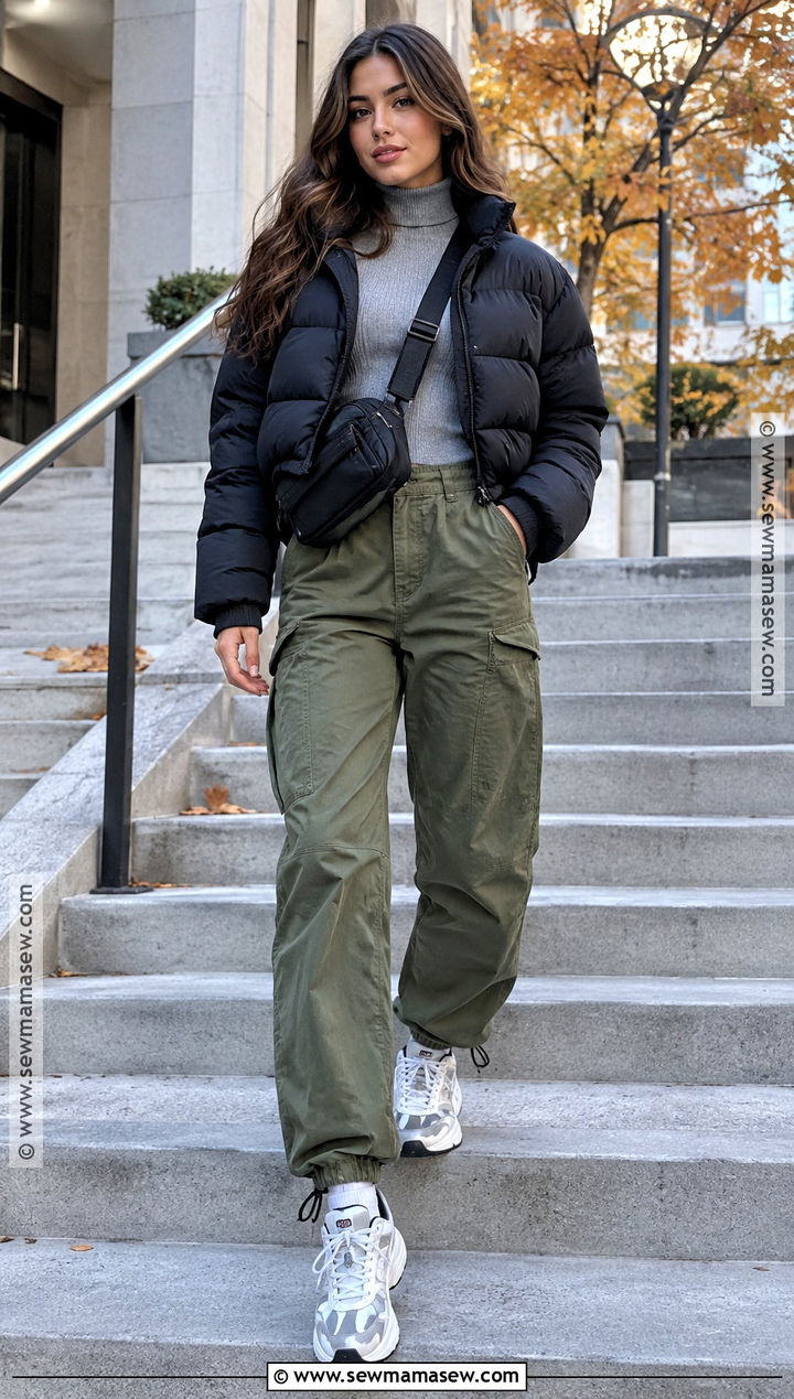 Cropped Puffer And Parachute Pants Streetwear Outfit - 20 Streetwear Fashion Women Fall Ideas