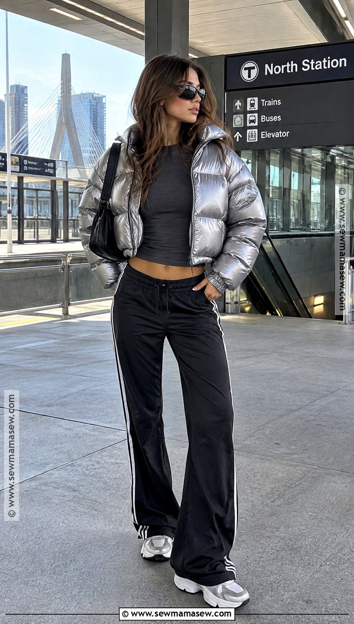 Cropped Puffer And Track Pants Y2K Fall Outfit - 20 y2k fall fashion ideas