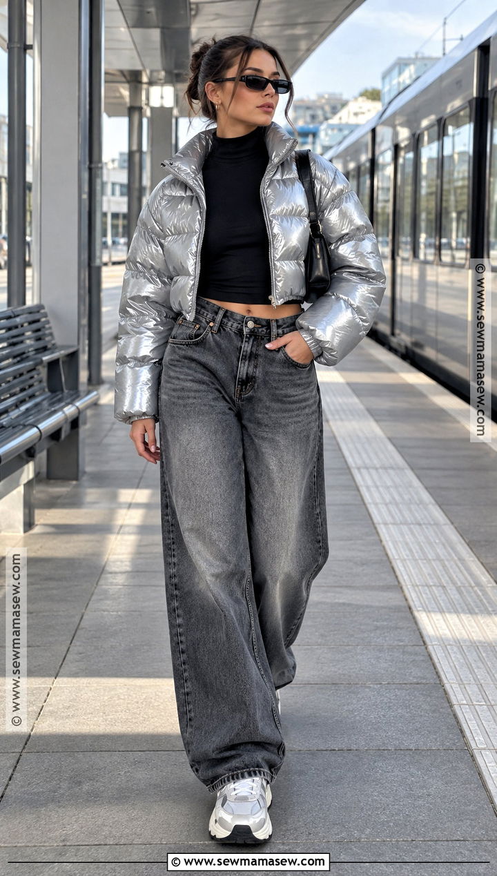 Cropped Puffer And Wide Leg Jeans 2000s Fall Outfit - 25 2000 fall outfits