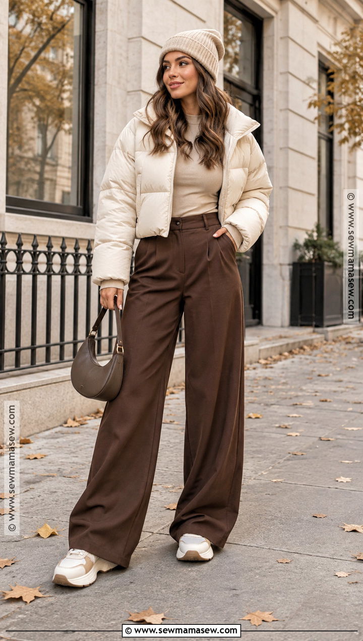 Cropped Puffer And Wide Leg Pants Streetwear Outfit - 20 Streetwear Fashion Autumn Ideas