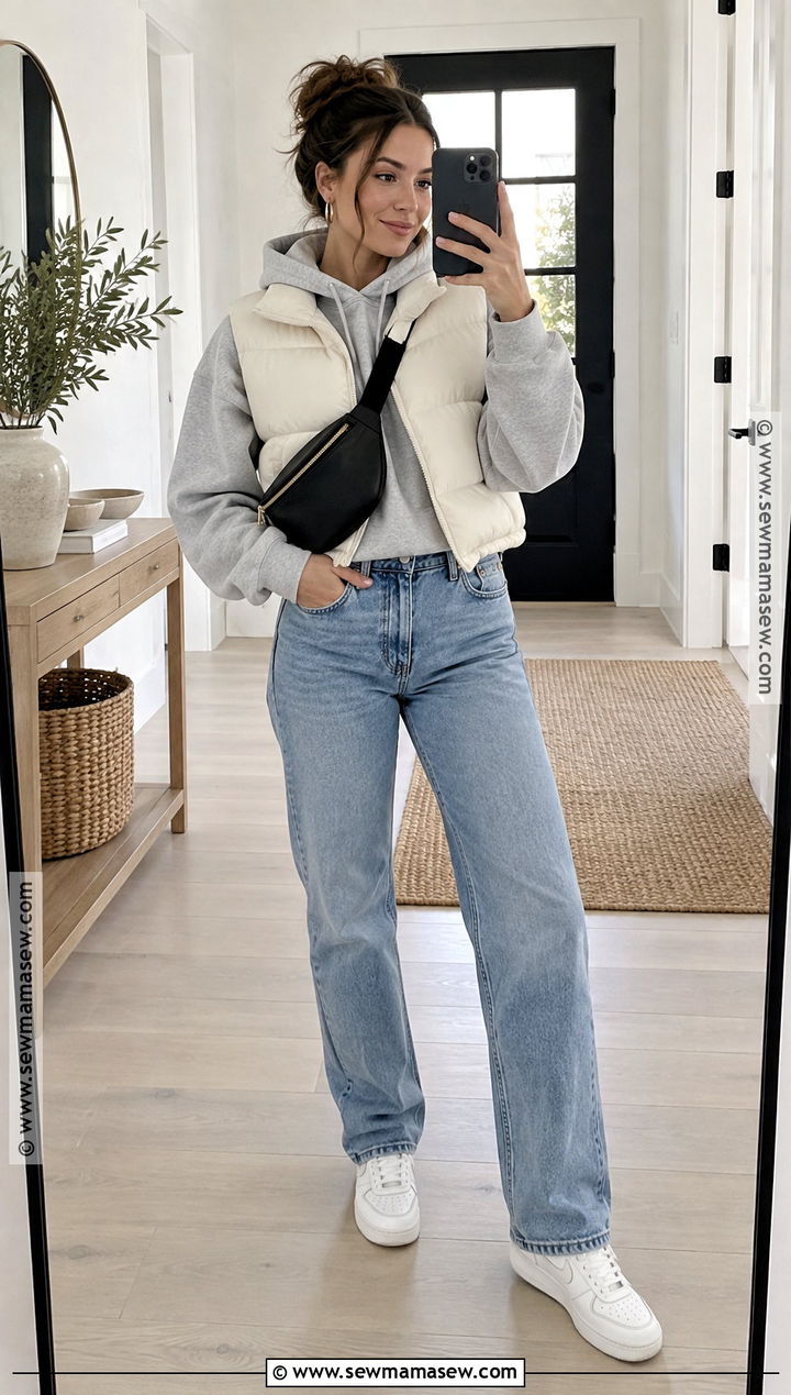 Cropped Puffer Vest Outfit With Hoodie And Straight Jeans - 20 fall outfits vest
