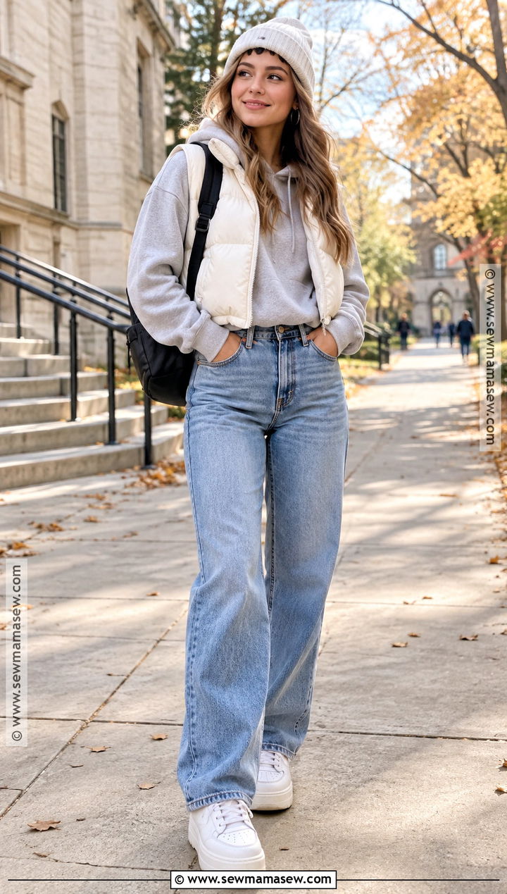 Cropped Puffer Vest With Hoodie - 20 vest outfit fall ideas