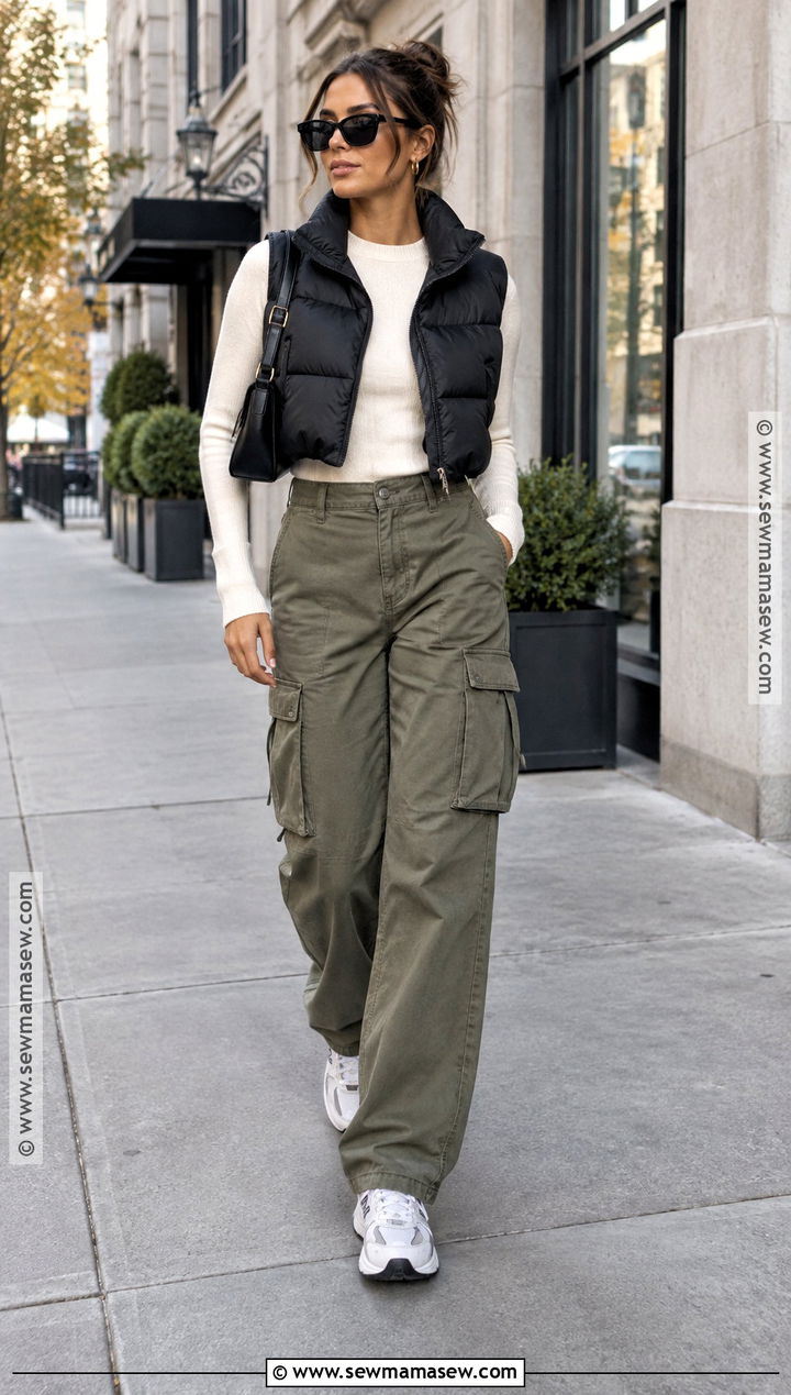 Cropped Puffer Vest With Sweater And Cargo Pants - 15 Fall Vest Outfits for Women 2026