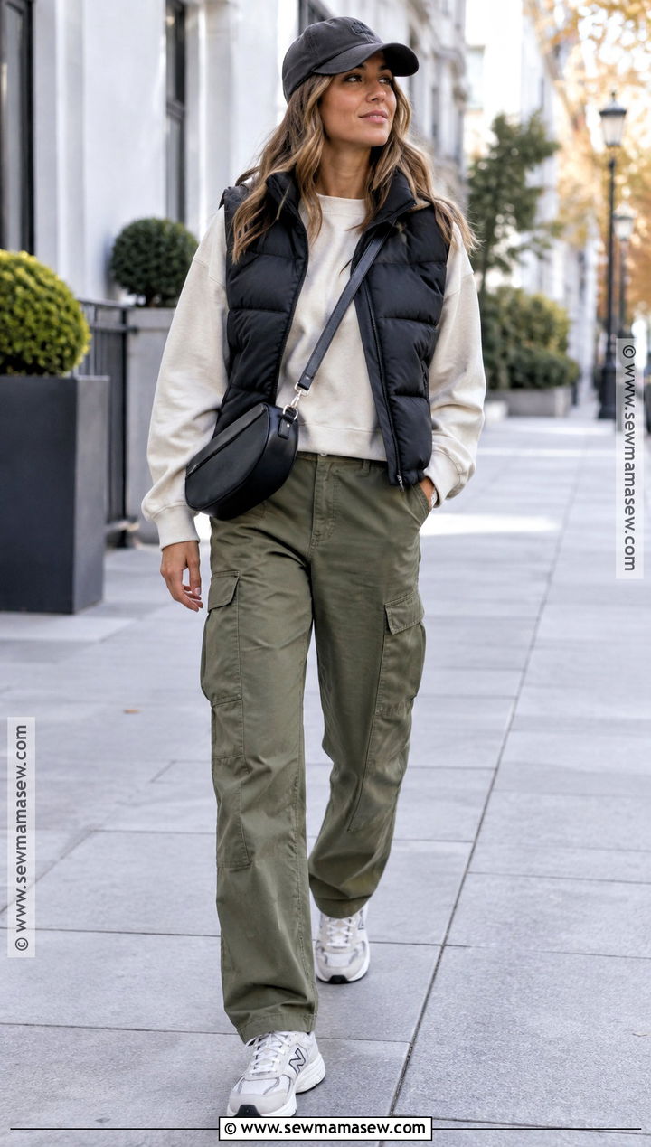 Cropped Puffer Vest With Sweatshirt And Cargo Pants - 20 autumn vest outfit ideas