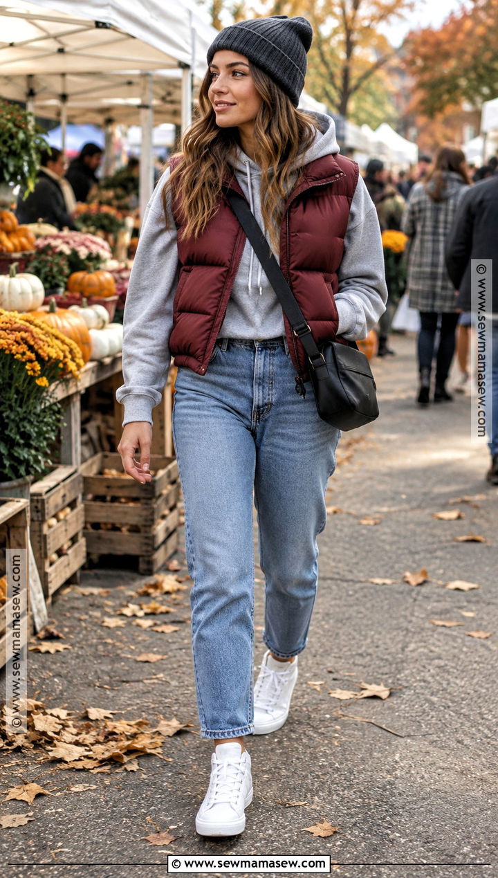Cropped Puffer Vest With a Hoodie and Jeans - 15 Fall Outfits Cropped Vest