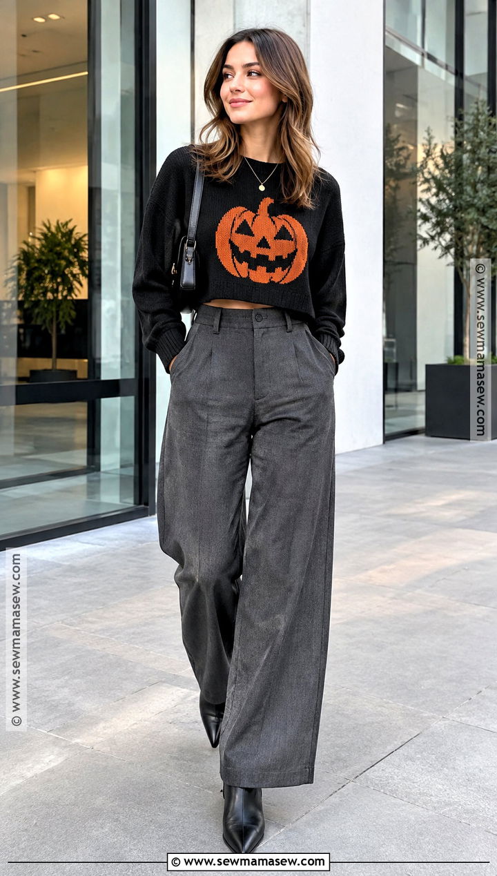 Cropped Pumpkin Jumper With Wide Leg Trousers - 15 pumpkin jumper ideas
