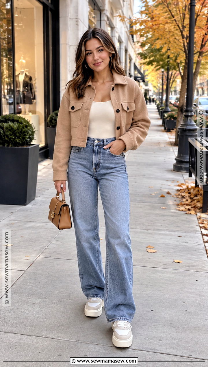 Cropped Shacket With High Waisted Jeans - 15 Fall Outfit Shacket Ideas