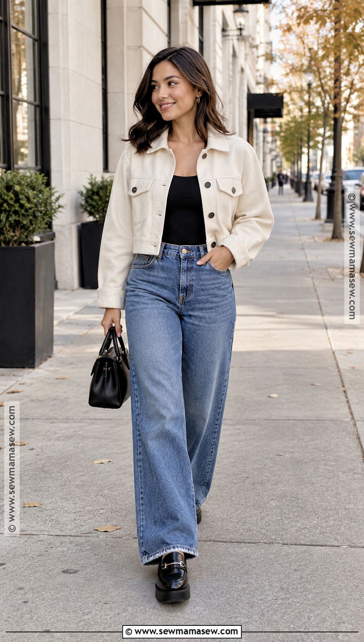 Cropped Shacket With Wide Leg Jeans And Loafers - 20 Shacket Outfit Women Fall Ideas