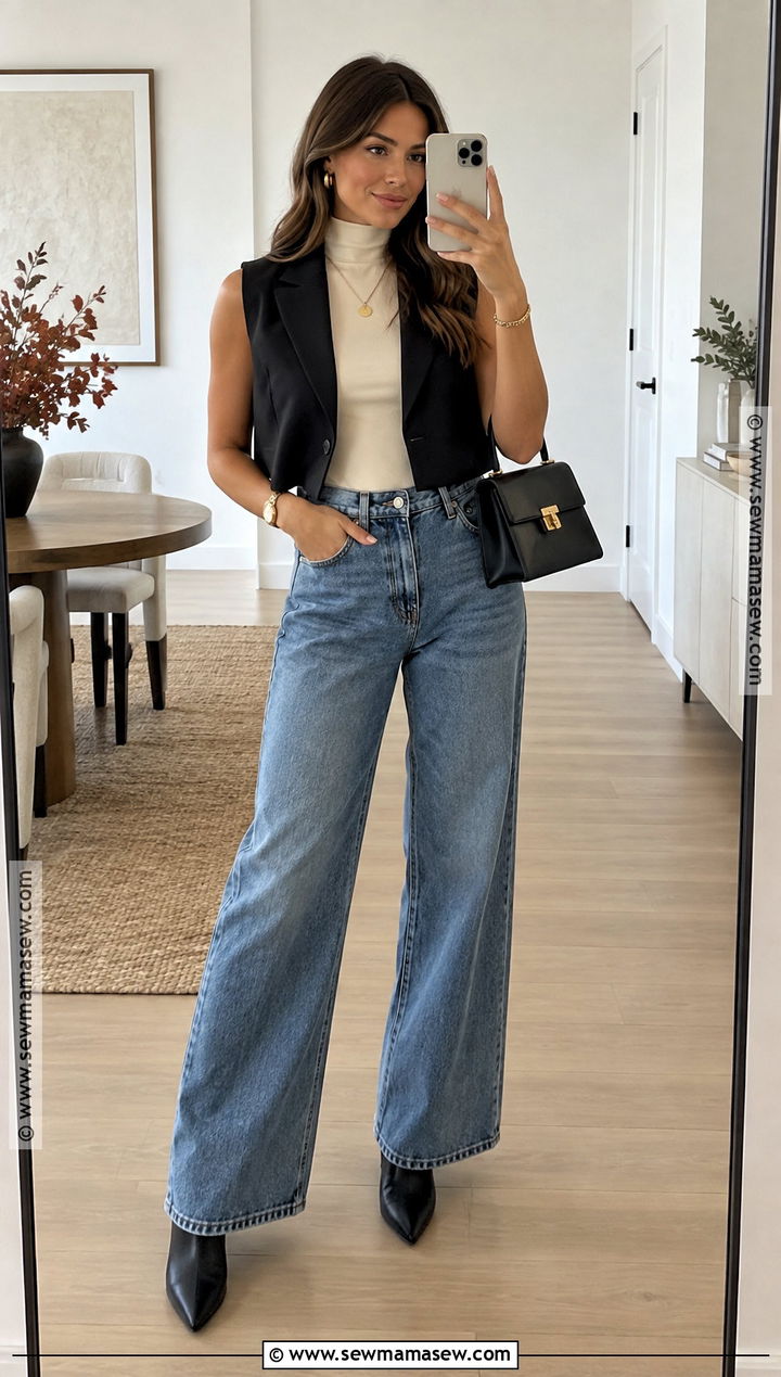 Cropped Sleeveless Blazer With High Waisted Jeans - 15 Sleeveless Blazer Outfit Fall Ideas