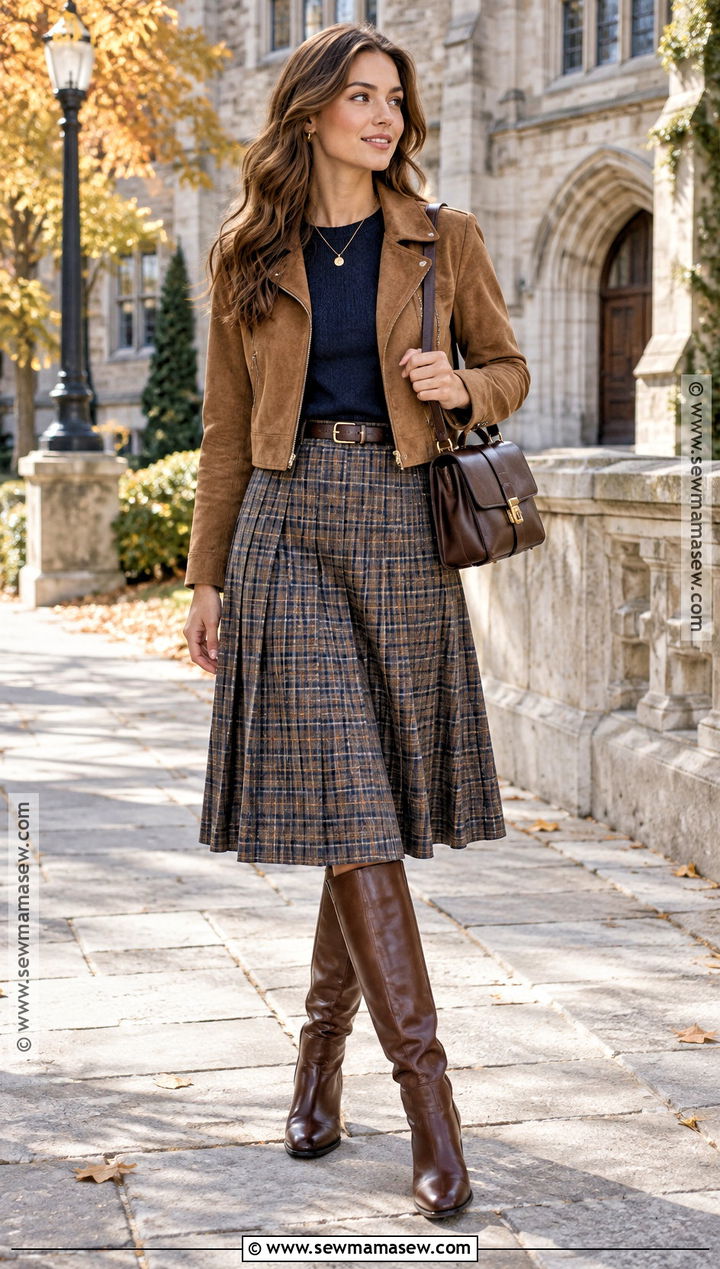 Cropped Suede Jacket With Pleated Midi Skirt - 15 suede jacket fall outfit ideas