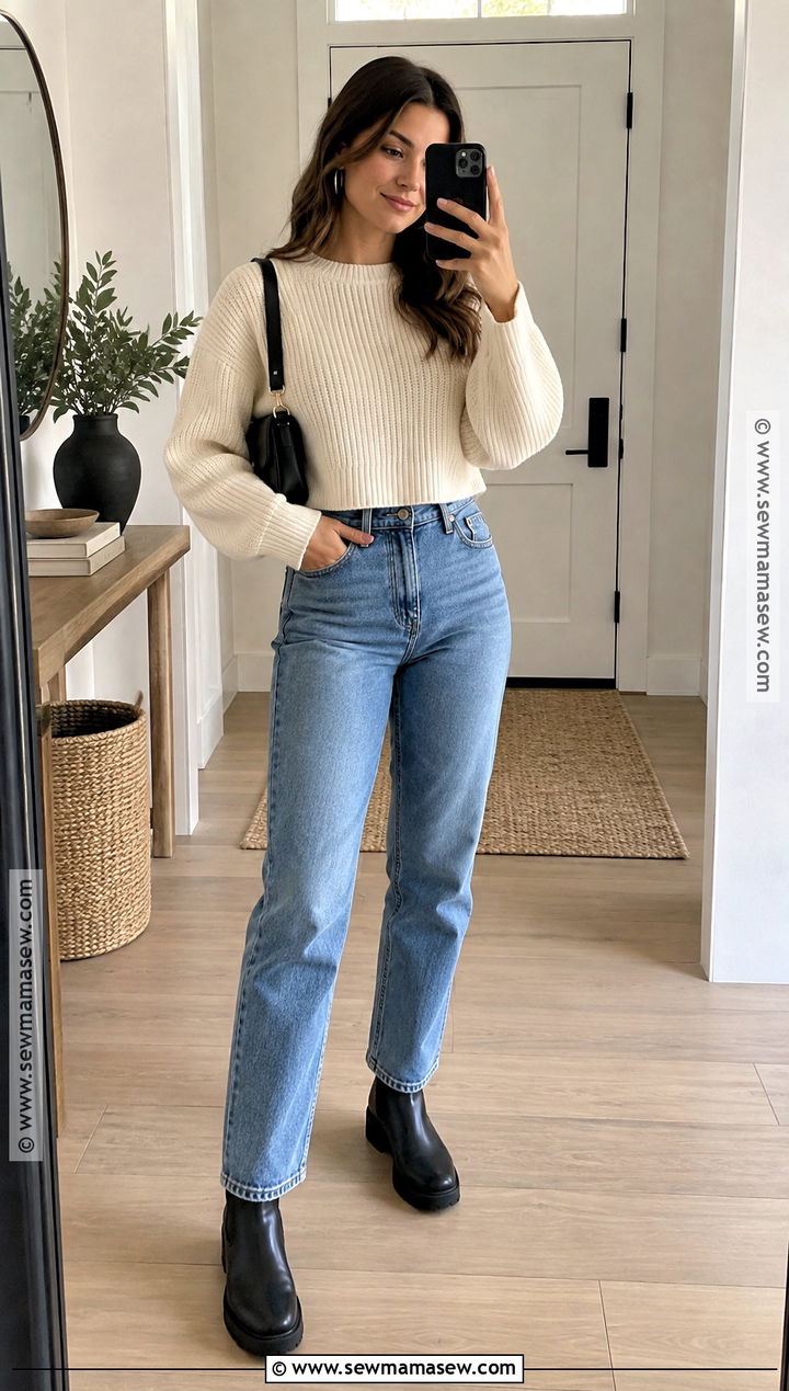 Cropped Sweater And High Waisted Jeans Fall Outfit - 20 Mid Sized Fall Outfits