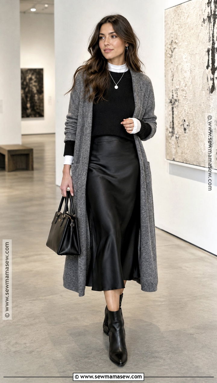 Cropped Sweater And Long Cardigan Stack With Midi Skirt - 15 fall winter sweater stack ideas