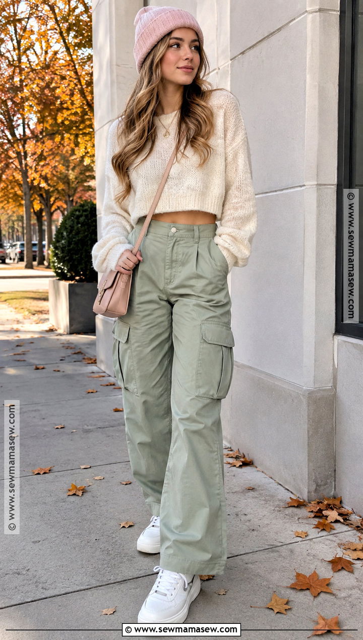 Cropped Sweater And Pastel Cargo Pants Soft Girl Fall Outfit - 20 Soft Girl Fall Outfits