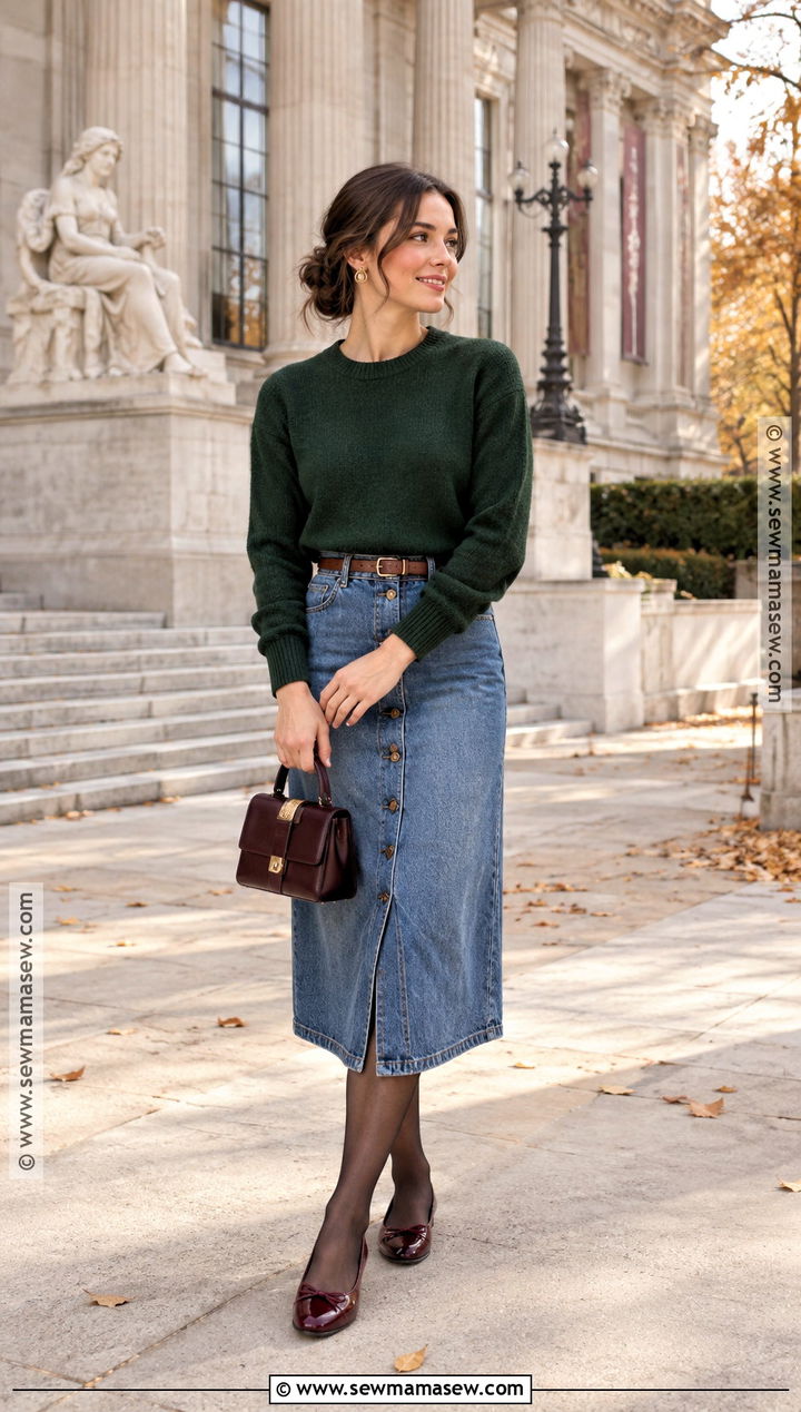 Cropped Sweater Button Front Jean Skirt And Ballet Flats - 25 jean skirt fall outfits