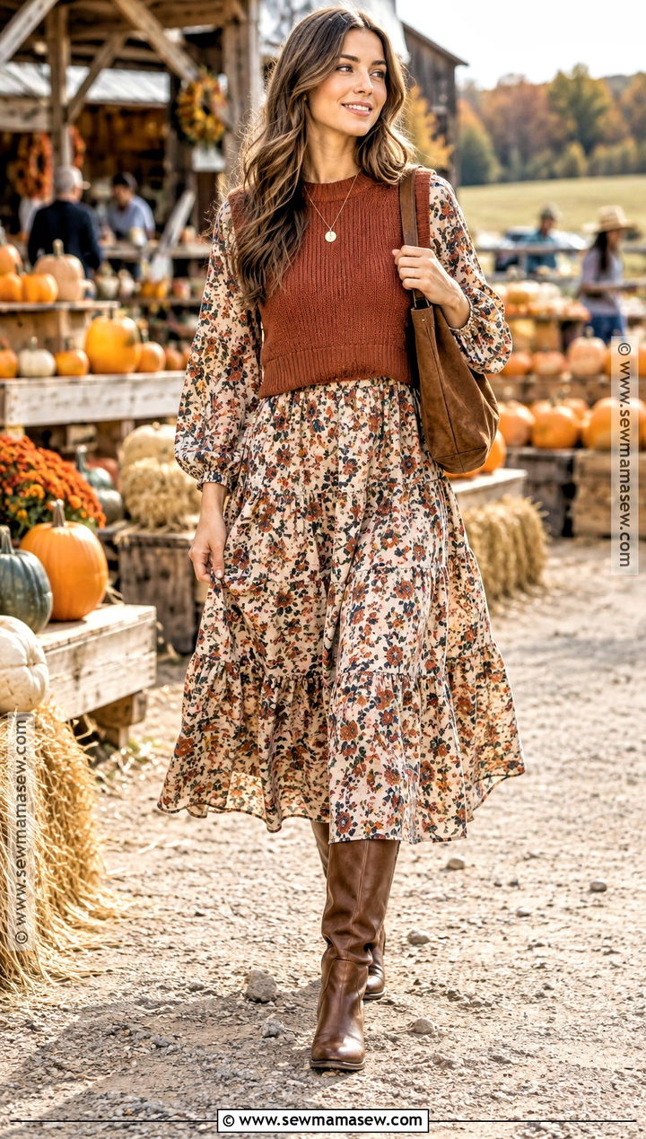 Cropped Sweater Vest Over A Floral Maxi Dress - 15 Cropped Sweater Vest Outfit Fall Ideas
