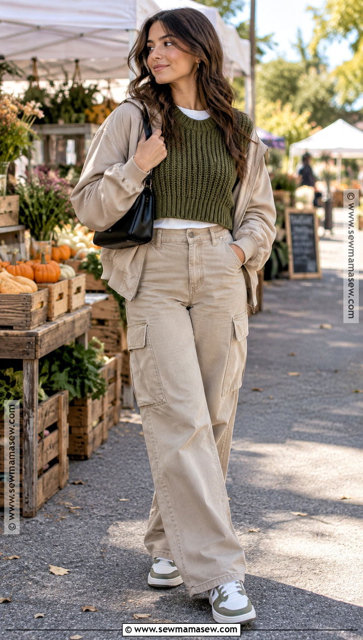 Cropped Sweater Vest With Long Sleeve Tee And Cargo Pants - 15 Cropped Sweater Vest Outfit Fall Ideas