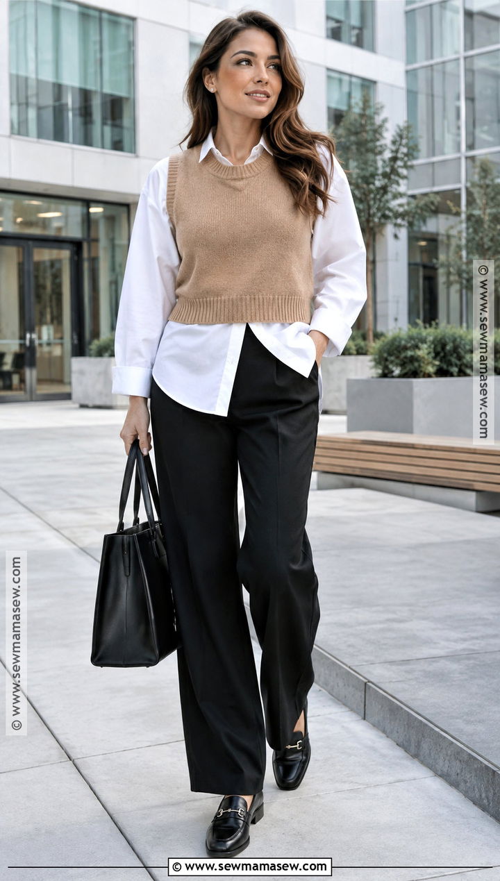 Cropped Sweater Vest With White Shirt And Trousers - 15 Cropped Sweater Vest Outfit Fall Ideas