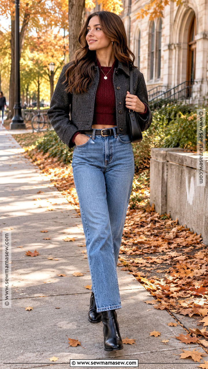 Cropped Sweater With High Waisted Jeans - 20 Fall Outfits With Sweaters