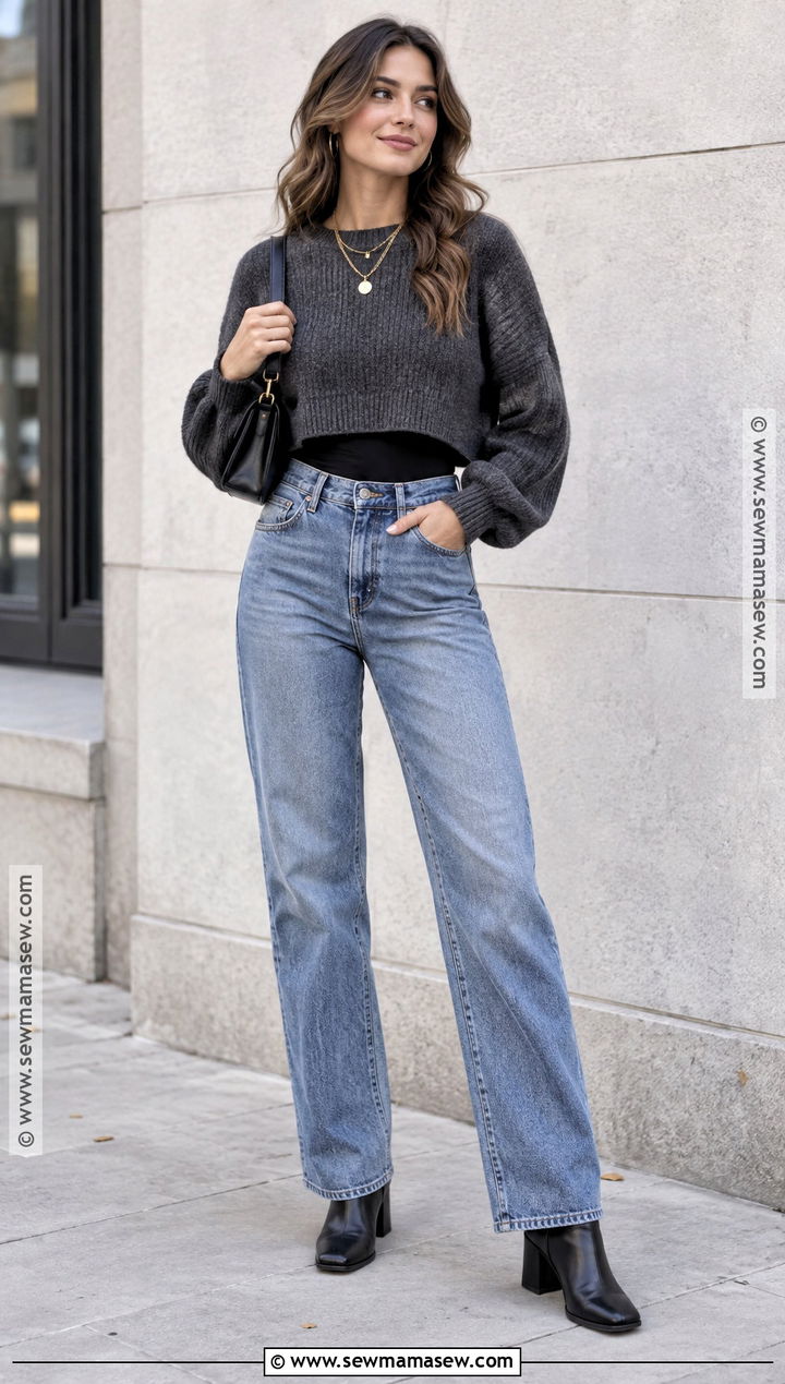 Cropped Sweater With High Waisted Jeans - 25 Fall Outfits Sweaters
