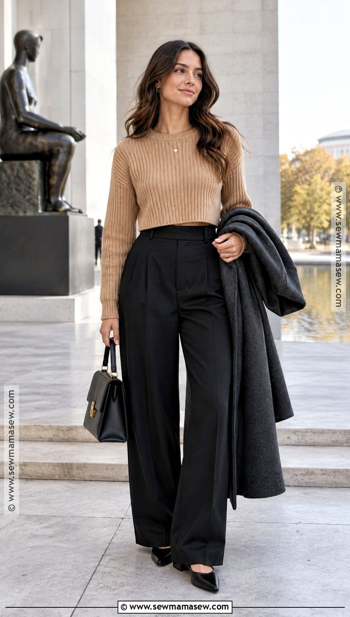 Cropped Sweater With High Waisted Trousers - 25 Autumn Sweater Ideas