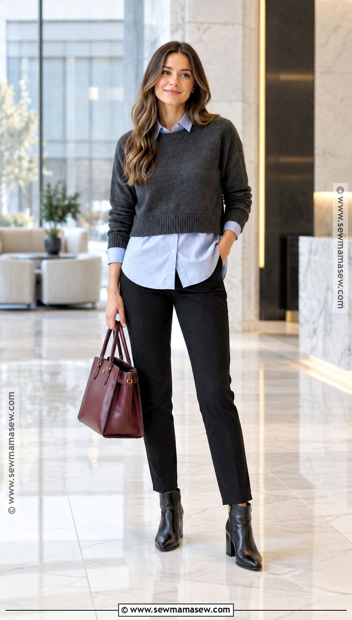 Cropped Sweater With Long Shirt And Slim Pants - 25 autumn layering outfit ideas