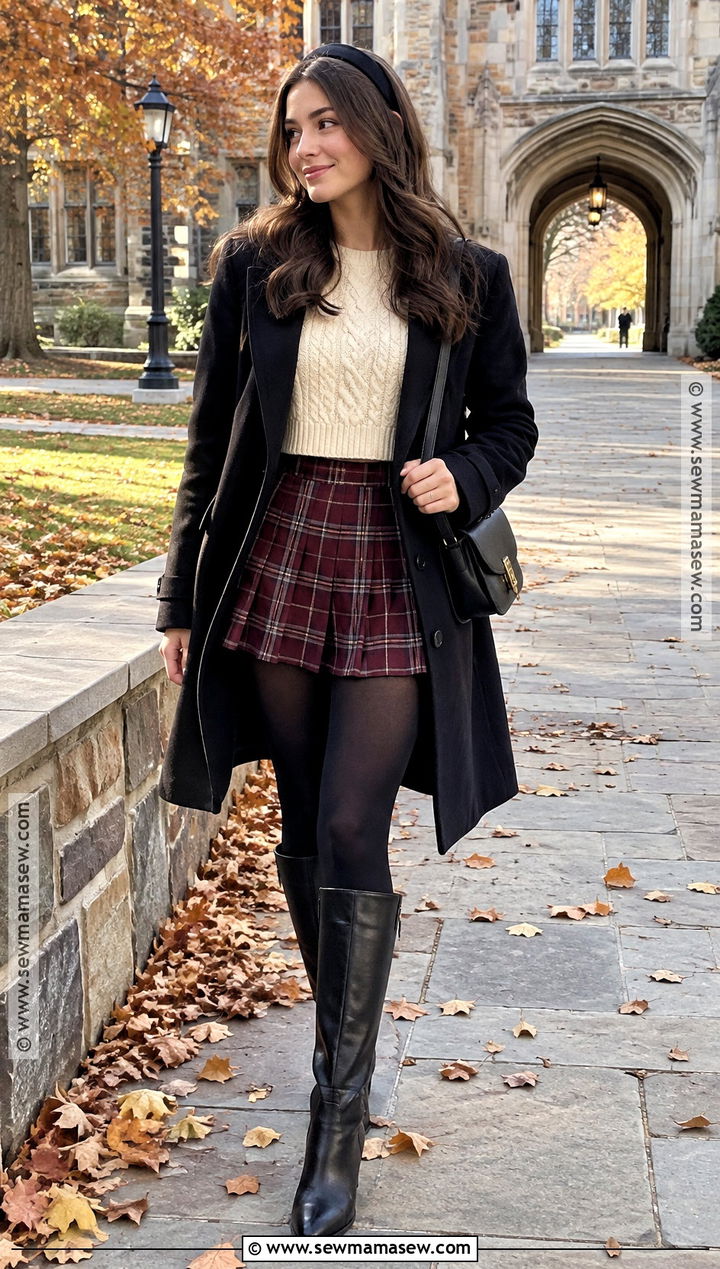 Cropped Sweater With Plaid Mini Skirt And Tights - 15 crop top fall fashion ideas