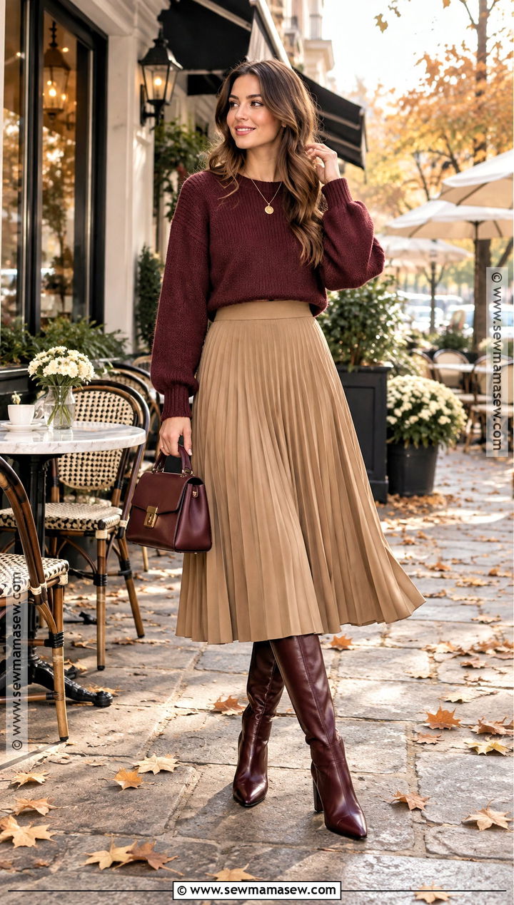 Cropped Sweater and Pleated Midi Skirt Outfit - 20 sweater skirt outfit fall ideas