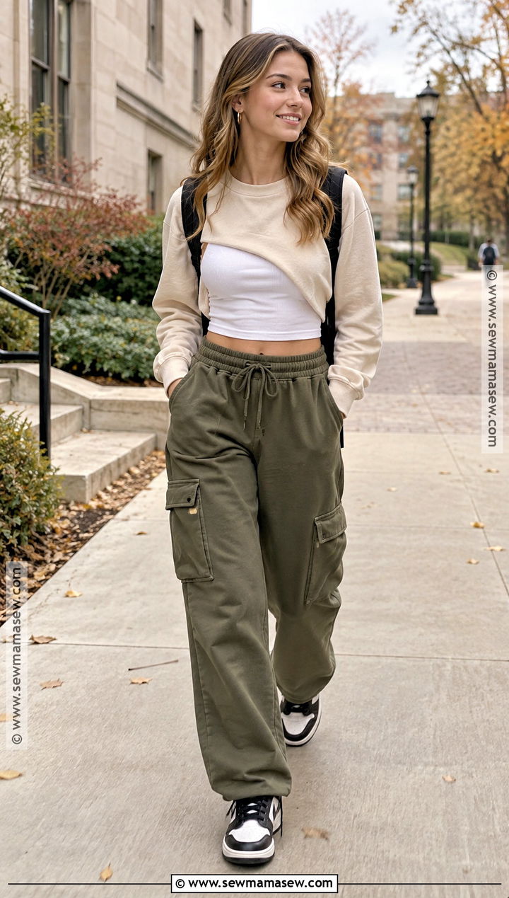 Cropped Sweatshirt And Cargo Sweatpants Outfit - 20 fall sweats outfits