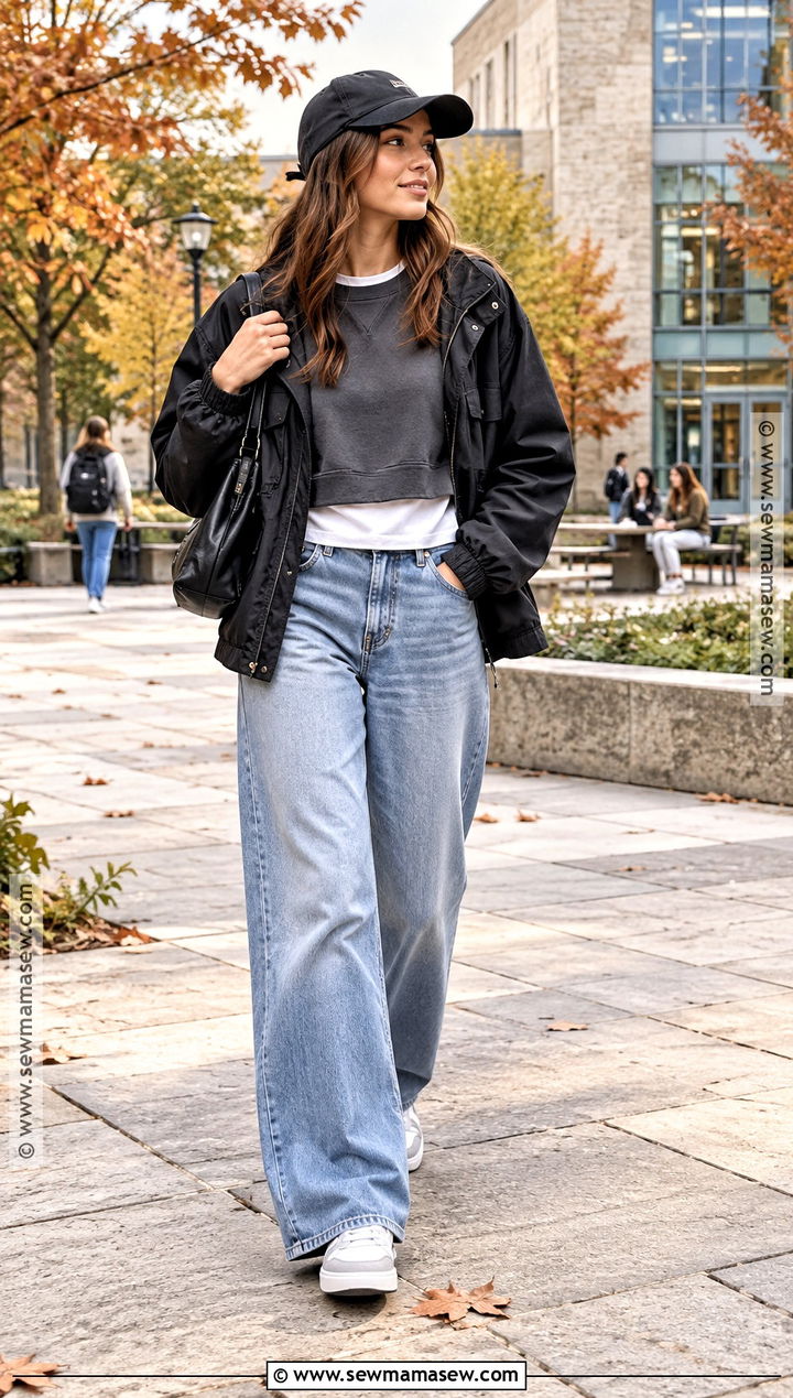 Cropped Sweatshirt And Wide Leg Jeans College Fall Outfit - 15 college fall outfits casual