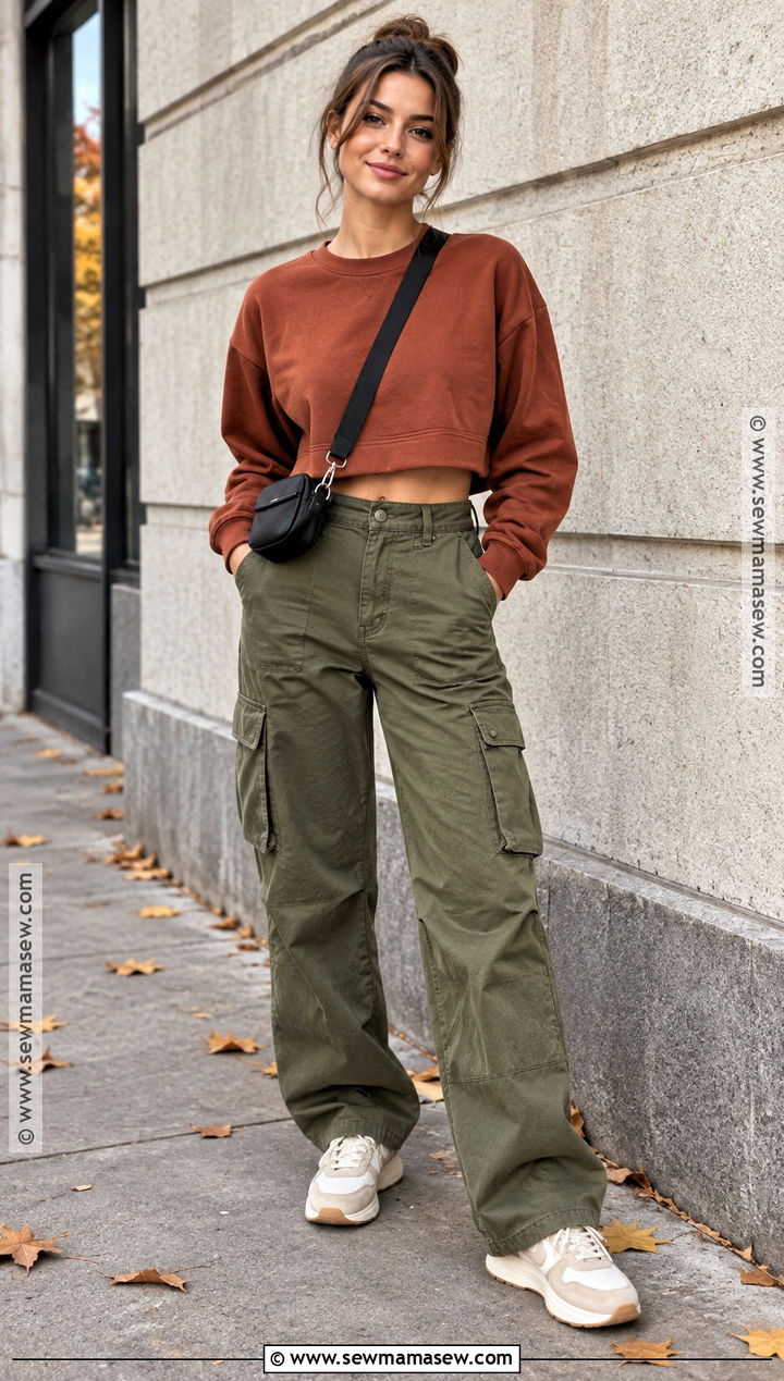 Cropped Sweatshirt With Cargo Pants - 20 fall sweatshirt outfit ideas
